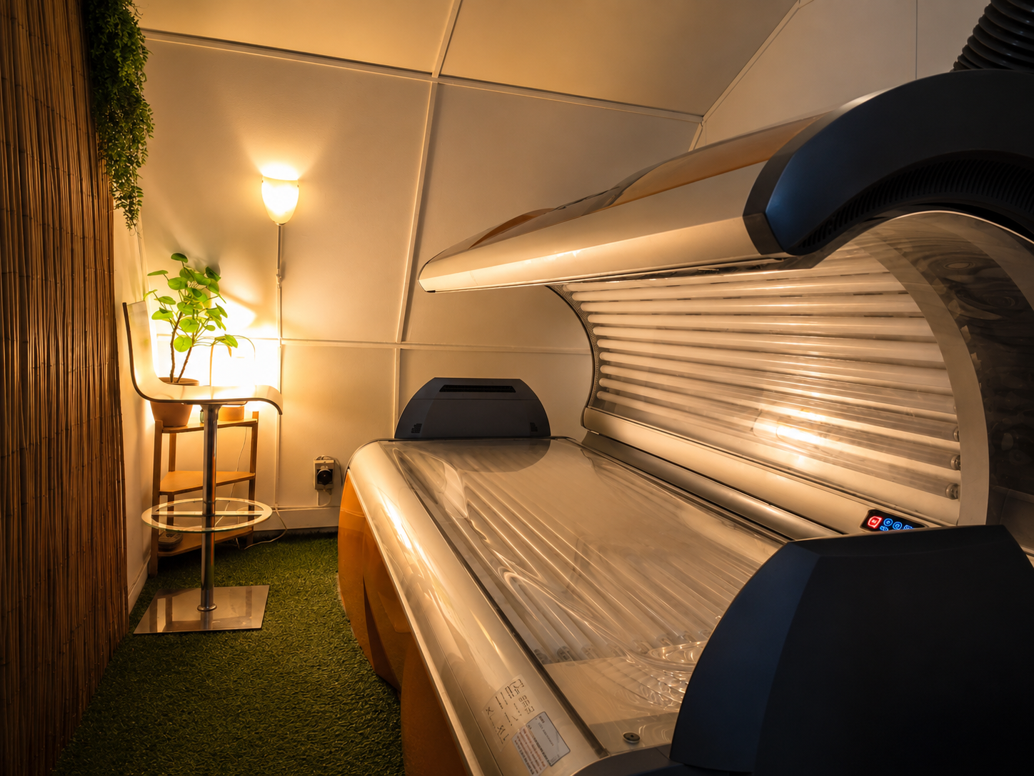 Rummet Fiji med ett liggande solarium och varm belysning på Solportalen i Uppsala